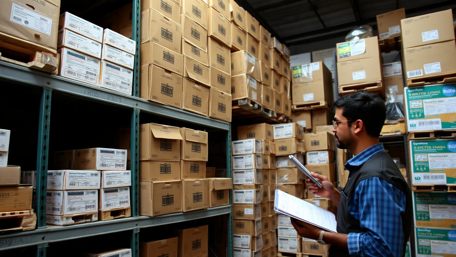 Branded stock cartons on warehouse racking in Rawalpindi