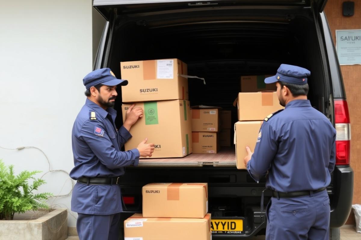 Uniformed staff unloading cartons from a pickup outside an Islamabad office