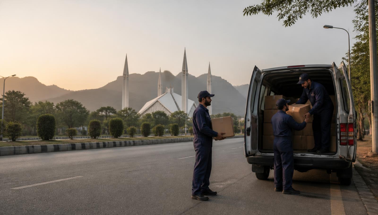 Origami99 GSO crew loading a supply van at dawn on an Islamabad avenue with Faisal Mosque and the Margalla hills behind