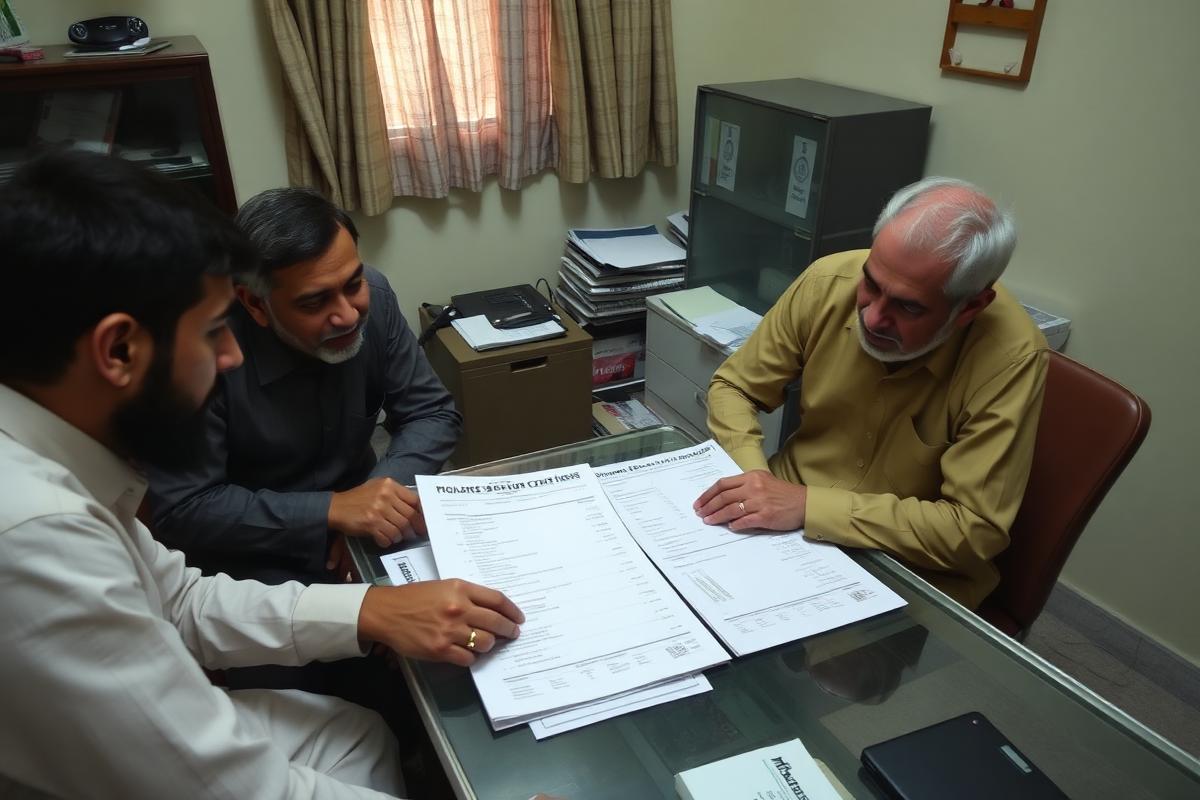 Two men reviewing a printed itemised quotation in an Islamabad office