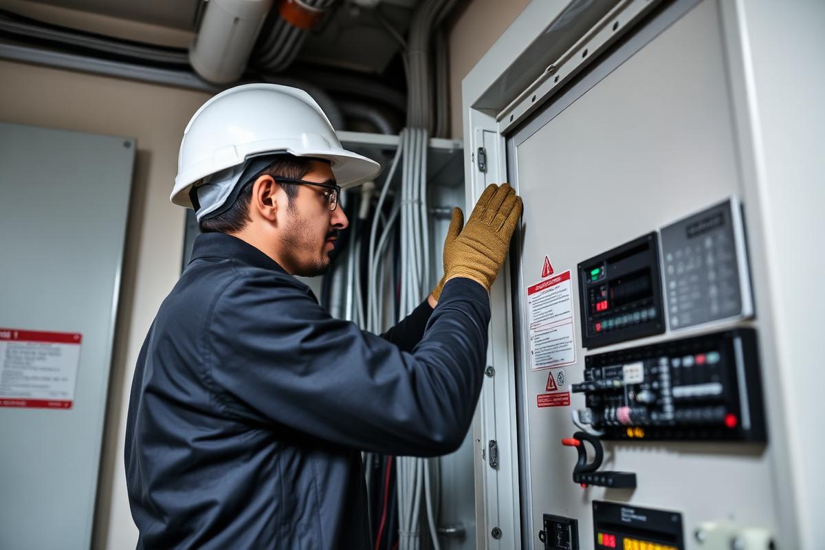 Technician in helmet and gloves working on an electrical distribution panel