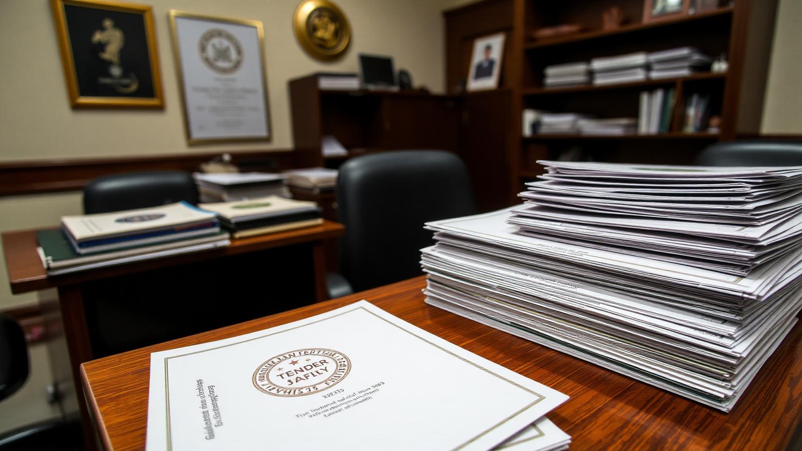 Tender documents and official files in a Pakistani government office